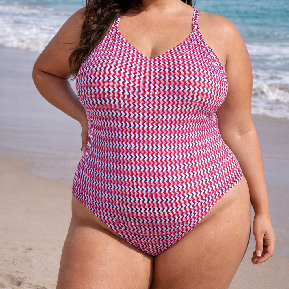 Kona Sol Women's Red White Blue Chevron One-Piece Swimsuit, XXL